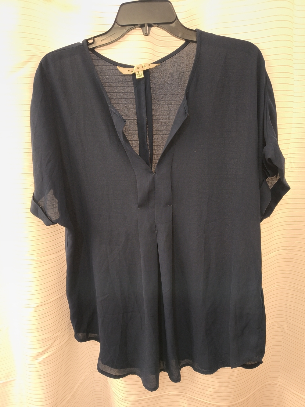 Max Studio Navy Split V-Neck Short Sleeve Blouse